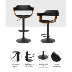 Bar Stool Curved Gas Lift PU Leather - Black and Wood - ozily