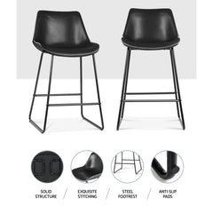 Artiss Set of 2 Bar Stools Kitchen Metal Bar Stool Dining Chairs PU Leather Black - ozily