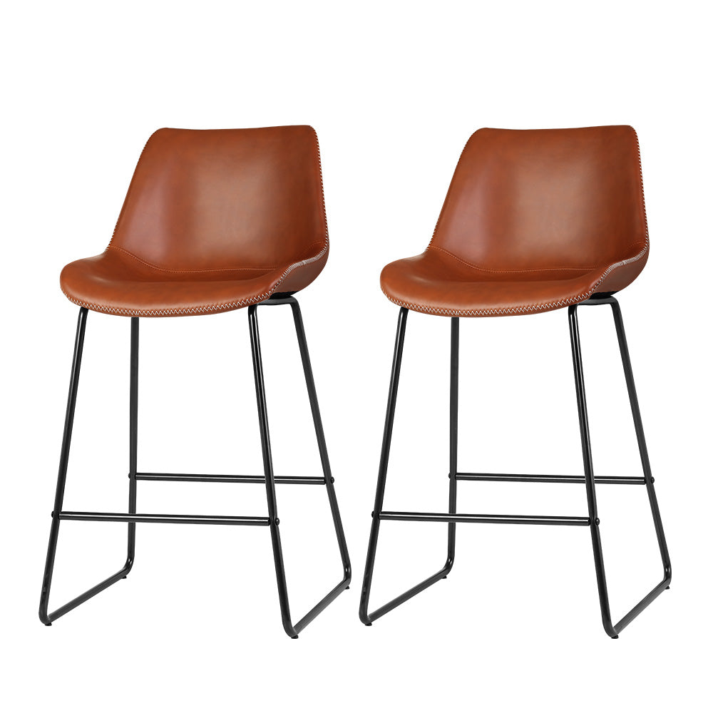 Artiss Set of 2 Bar Stools Kitchen Metal Bar Stool Dining Chairs PU Leather Brown - ozily