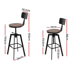 Artiss Set of 2 Rustic Industrial Style Metal Bar Stool - Black and Wood - ozily