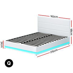Artiss Lumi LED Bed Frame PU Leather Gas Lift Storage - White Queen - ozily