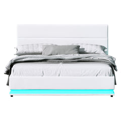 Artiss Lumi LED Bed Frame PU Leather Gas Lift Storage - White Queen - ozily