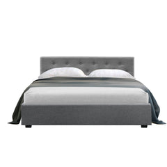Artiss Vila Bed Frame Fabric Gas Lift Storage - Grey Double - ozily