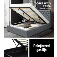 Artiss Vila Bed Frame Fabric Gas Lift Storage - Grey Queen - ozily