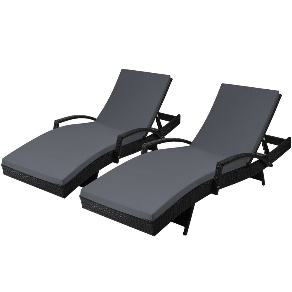 Gardeon Set of 2 Outdoor Sun Lounge Chair with Cushion - Black - ozily