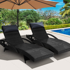 Gardeon Set of 2 Sun Lounge Outdoor Furniture Wicker Lounger Rattan Day Bed Garden Patio Black - ozily