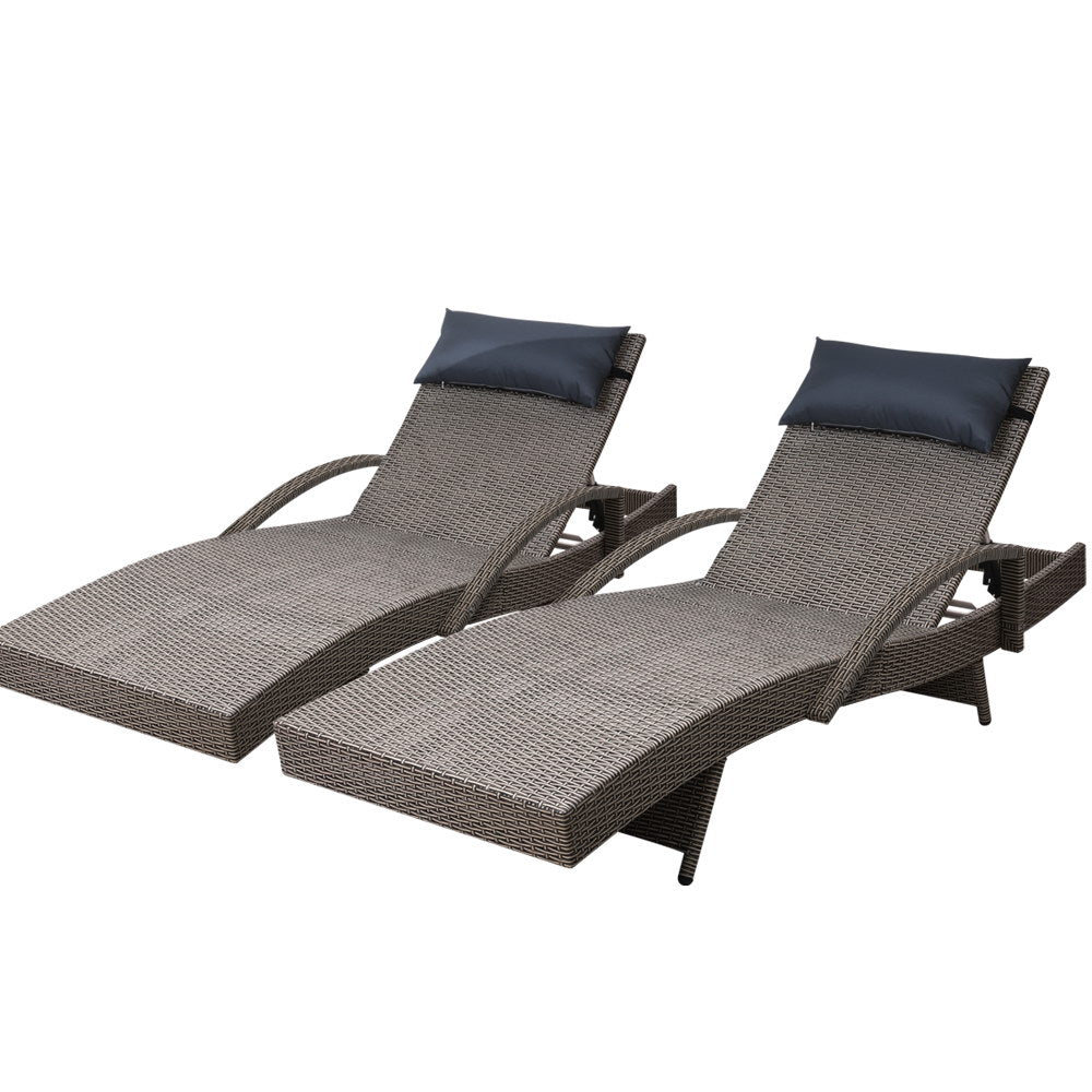 Gardeon Set of 2 Sun Lounge Outdoor Furniture Wicker Lounger Rattan Day Bed Garden Patio Grey - ozily