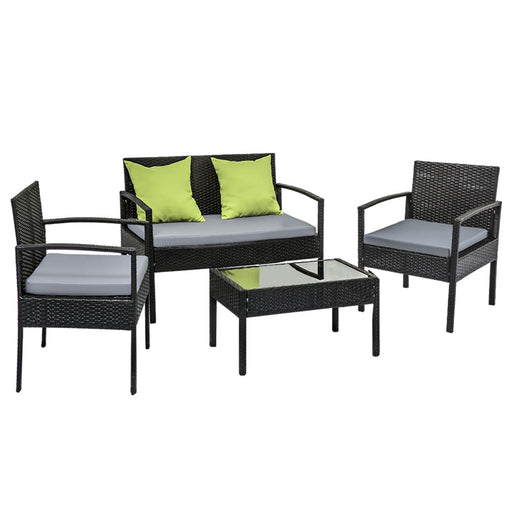 4 Seater Sofa Set Outdoor Furniture Lounge Setting Wicker Chairs Table Rattan Lounger Bistro Patio Garden Cushions Black - ozily
