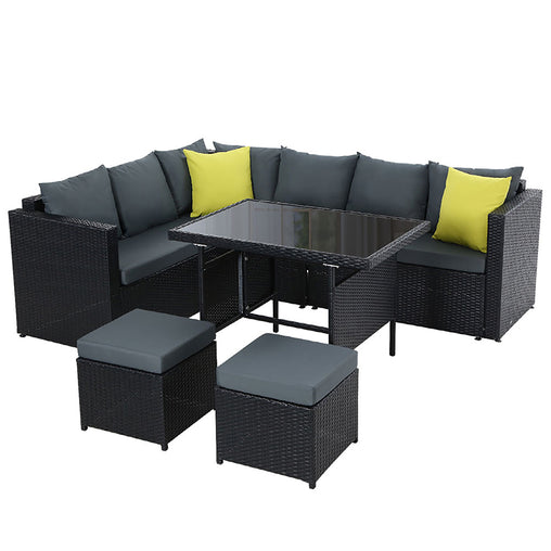 Gardeon Outdoor Furniture Patio Set Dining Sofa Table Chair Lounge Wicker Garden Black - ozily