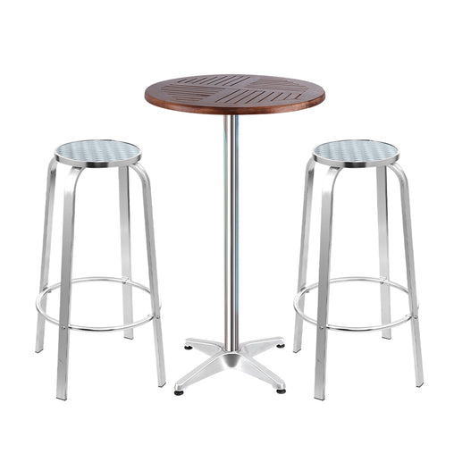 Gardeon Outdoor Bistro Set Bar Table Stools Adjustable Aluminium Cafe 3PC Wood - ozily