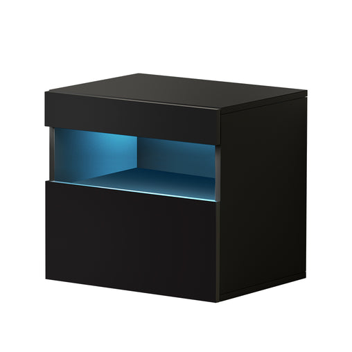 Artiss Bedside Tables Drawers Side Table RGB LED High Gloss Nightstand Black - ozily
