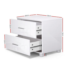 Artiss High Gloss Two Drawers Bedside Table - White - ozily
