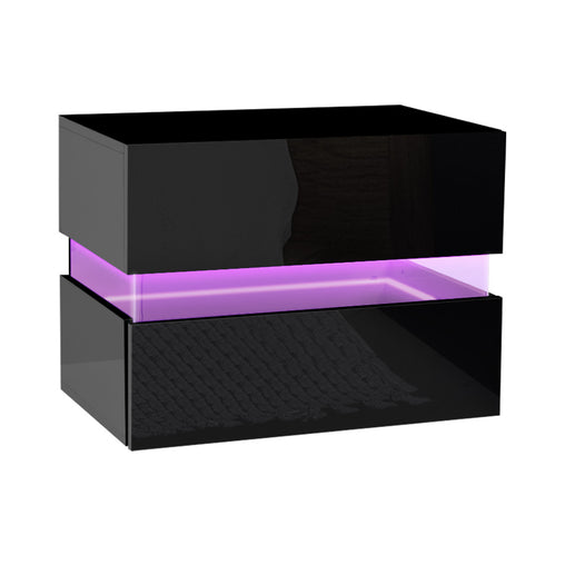 Artiss Bedside Table 2 Drawers RGB LED Side Nightstand High Gloss Cabinet Black - ozily
