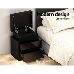 Bedside Tables Side Table Drawers RGB LED High Gloss Nightstand Black - ozily