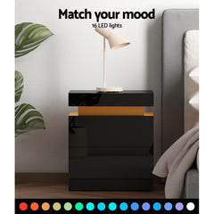 Bedside Tables Side Table Drawers RGB LED High Gloss Nightstand Black - ozily