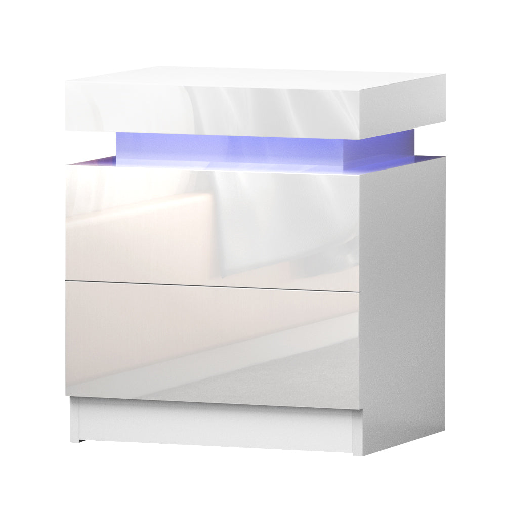 Artiss Bedside Tables Side Table Drawers RGB LED High Gloss Nightstand White - ozily