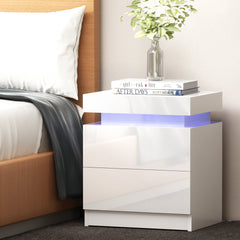 Artiss Bedside Tables Side Table Drawers RGB LED High Gloss Nightstand White - ozily