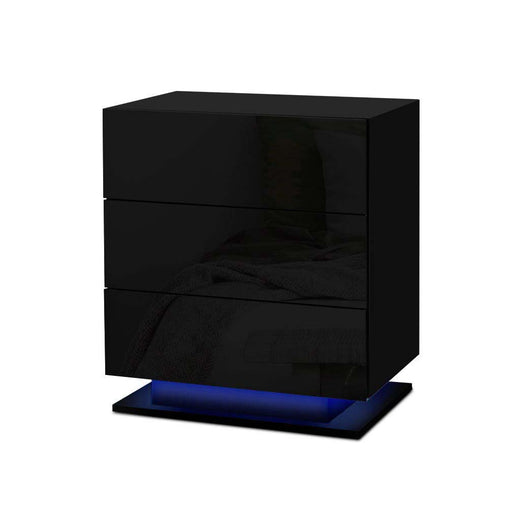 Artiss Bedside Tables Side Table RGB LED Lamp 3 Drawers Nightstand Gloss Black - ozily