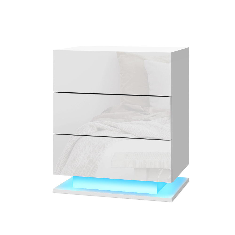 Artiss Bedside Tables Side Table RGB LED Lamp 3 Drawers Nightstand Gloss White - ozily