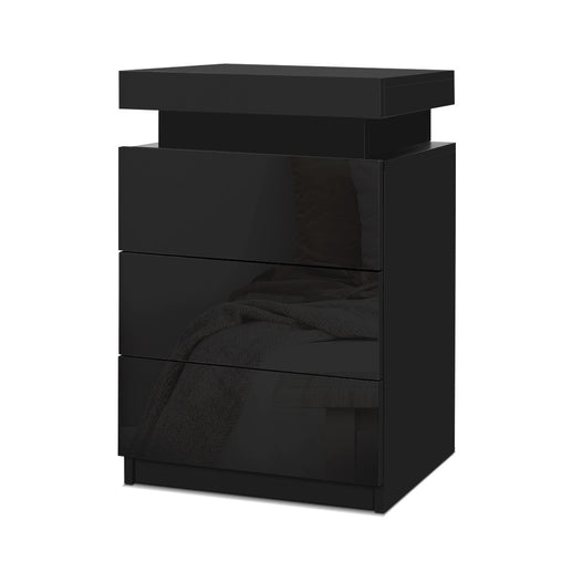 Artiss Bedside Tables Side Table 3 Drawers RGB LED High Gloss Nightstand Black - ozily