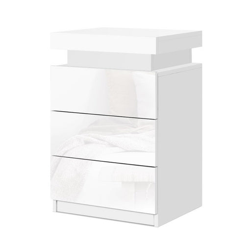 Artiss Bedside Tables Side Table 3 Drawers RGB LED High Gloss Nightstand White - ozily