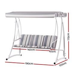 Gardeon Outdoor Swing Chair Garden Bench Furniture Canopy 3 Seater White Grey - ozily