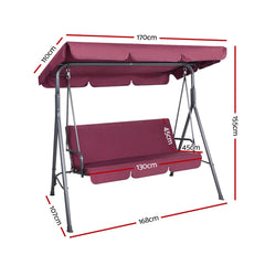 Gardeon Outdoor Swing Chair Garden Bench Furniture Canopy 3 Seater Wine Red - ozily
