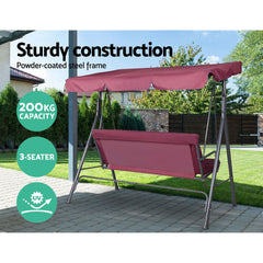 Gardeon Outdoor Swing Chair Garden Bench Furniture Canopy 3 Seater Wine Red - ozily