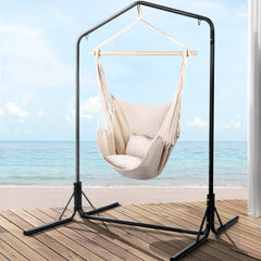 Gardeon Outdoor Hammock Chair with Stand Hanging Hammock with Pillow Cream - ozily