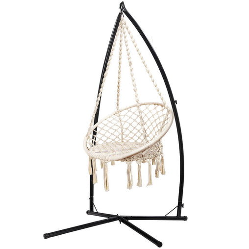 Gardeon Outdoor Hammock Chair with Steel Stand Cotton Swing Hanging 124CM Cream - ozily