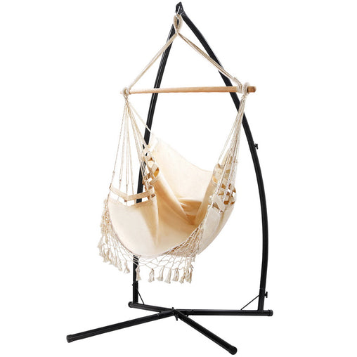 Gardeon Outdoor Hammock Chair with Steel Stand Tassel Hanging Rope Hammock Cream - ozily