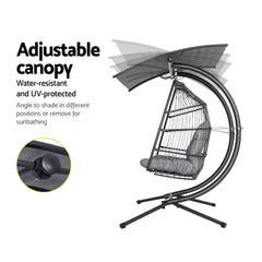 Gardeon Outdoor Egg Swing Chair Wicker Furniture Pod Stand Canopy 2 Seater Grey - ozily