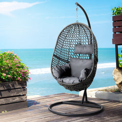 Gardeon Outdoor Egg Swing Chair Wicker Rattan Furniture Pod Stand Cushion Black - ozily