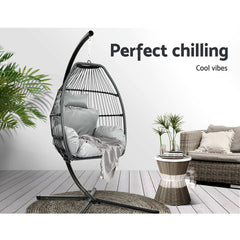Gardeon Outdoor Egg Swing Chair Wicker Rope Furniture Pod Stand Cushion Grey - ozily