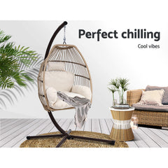 Gardeon Outdoor Egg Swing Chair Wicker Rope Furniture Pod Stand Cushion Latte - ozily