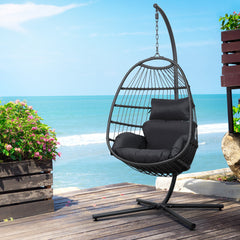 Gardeon Egg Swing Chair Hammock Stand Outdoor Furniture Hanging Wicker Seat Grey - ozily