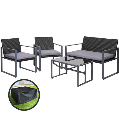 Gardeon 4 PCS Outdoor Dining Set Lounge Setting Patio Wicker Chairs Table w/Cover - ozily