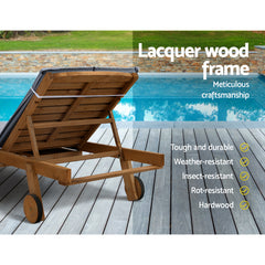 Gardeon Sun Lounge Wooden Lounger Outdoor Furniture Day Bed Wheel Patio Grey - ozily