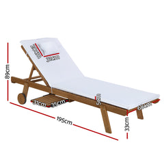 Gardeon Sun Lounge Wooden Lounger Outdoor Furniture Day Bed Wheels Patio White - ozily