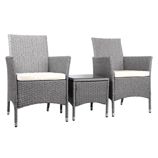 3 Piece Wicker Outdoor Chair Side Table Furniture Set - Grey - ozily