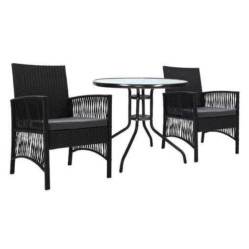 Gardeon Outdoor Furniture Dining Chairs Wicker Garden Patio Cushion Black 3PCS Tea Coffee Cafe Bar Set - ozily