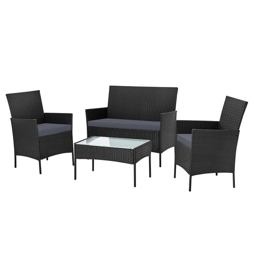Gardeon 4-piece Outdoor Lounge Setting Wicker Patio Furniture Dining Set Black - ozily