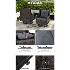 Gardeon 3PC Outdoor Furniture Bistro Set Lounge Wicker Swivel Chairs Table Cushion Brown - ozily