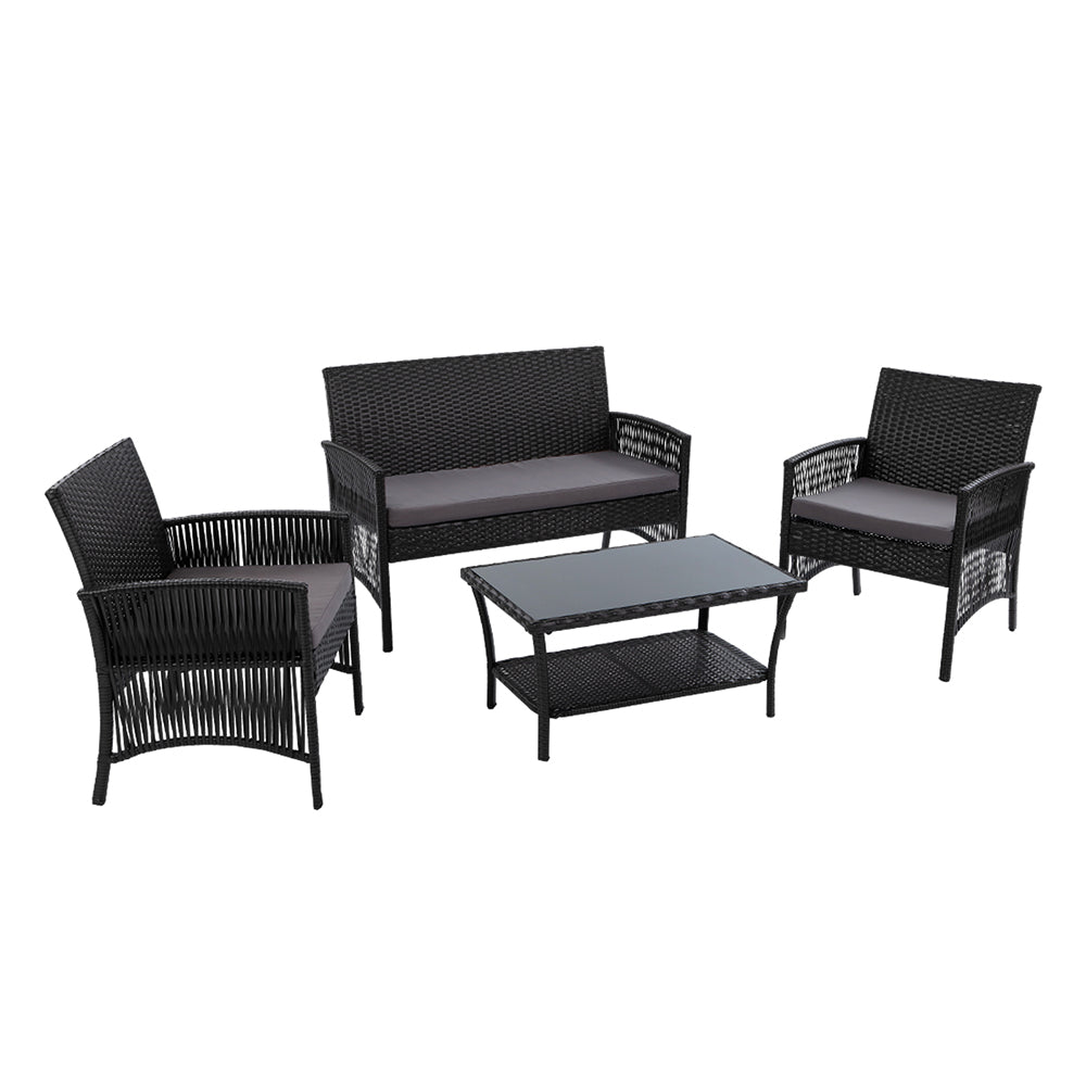 Gardeon 4 PCS Outdoor Furniture Lounge Setting Wicker Dining Set Black - ozily