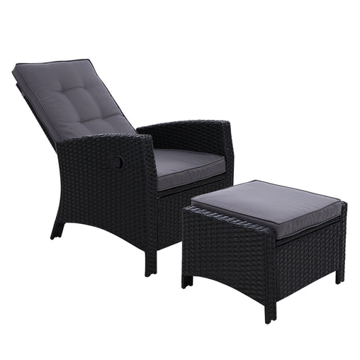 Sun lounge Recliner Chair Wicker Lounger Sofa Day Bed Outdoor Furniture Patio Garden Cushion Ottoman Black Gardeon - ozily