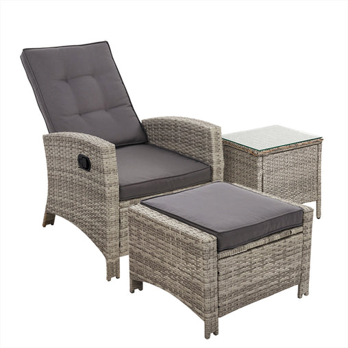 Gardeon Outdoor Setting Recliner Chair Table Set Wicker lounge Patio Furniture Grey - ozily