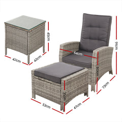 Gardeon Outdoor Setting Recliner Chair Table Set Wicker lounge Patio Furniture Grey - ozily