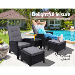 Gardeon Outdoor Patio Furniture Recliner Chairs Table Setting Wicker Lounge 5pc Black - ozily