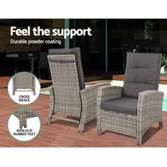 Gardeon Outdoor Patio Furniture Recliner Chairs Table Setting Wicker Lounge 5pc Grey - ozily