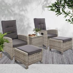 Gardeon Outdoor Patio Furniture Recliner Chairs Table Setting Wicker Lounge 5pc Grey - ozily